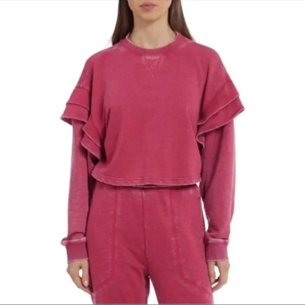 NWOT 7 For All Mankind Cropped Ruffle Sweatshirt - Berry - Size XS